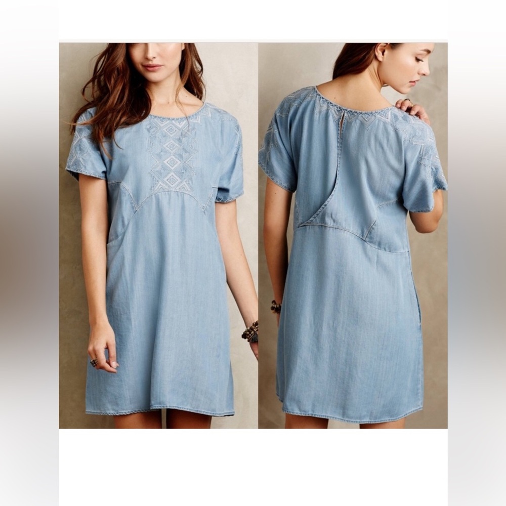 Anthropologie Holding Horses White Sands Chambray dress with pockets